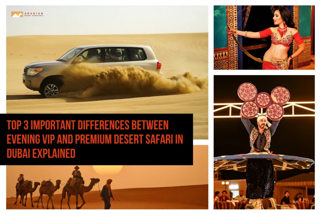 Top 3 Important Differences Between Evening VIP and Premium Desert Safari in Dubai with dune bashing and entertainment shows