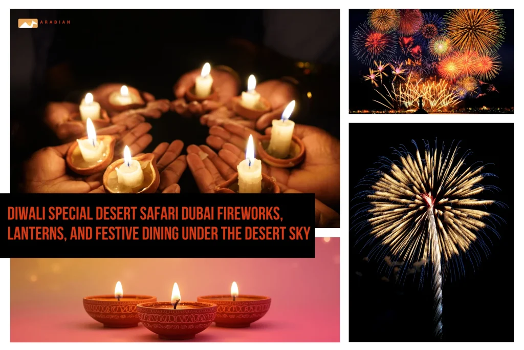 Diwali Special Desert Safari Dubai with fireworks and lanterns in the night sky