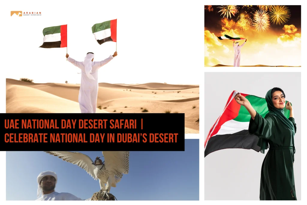 UAE National Day Desert Safari | Celebrate National Day in Dubai’s Desert People celebrating UAE National Day Desert Safari with flags and fireworks in Dubai