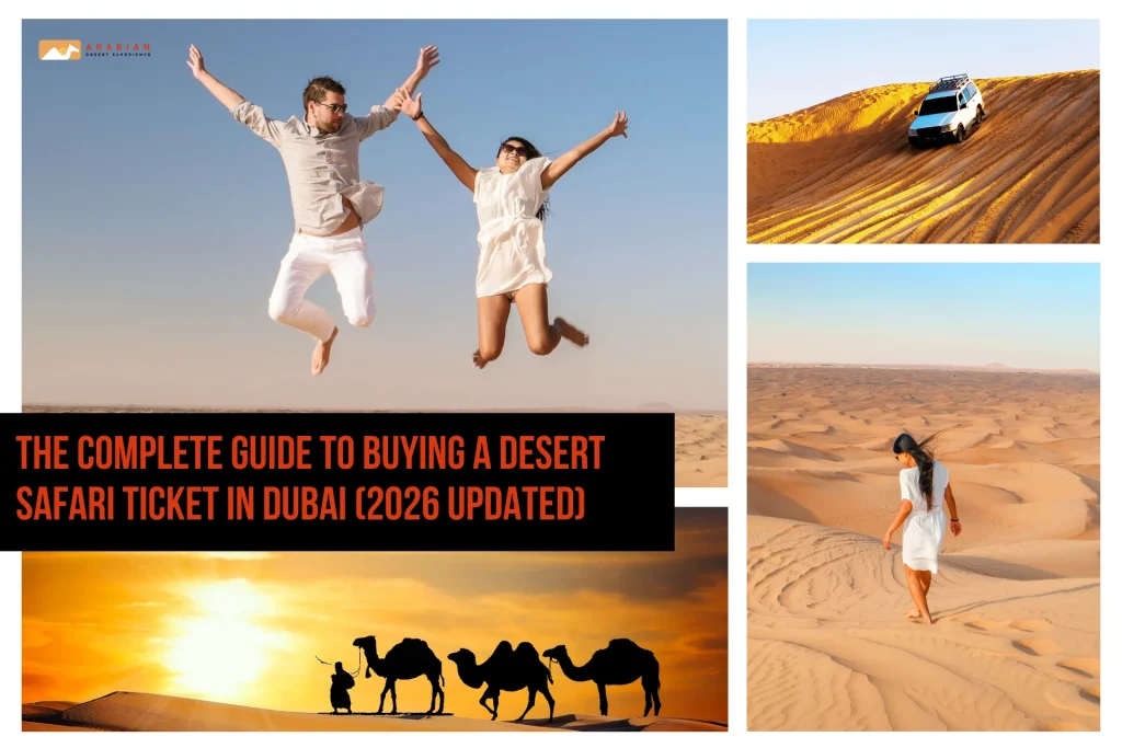 Collage of Dubai desert safari tours showing dune bashing, camel rides, sunset views, and BBQ dinner to represent the desert safari ticket experience.
